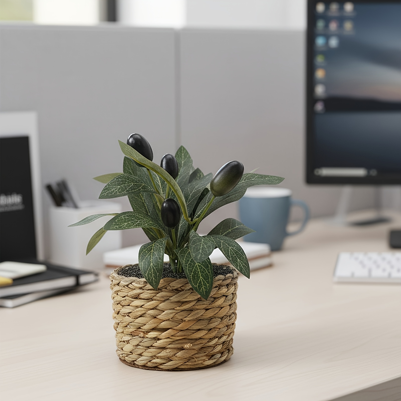 Image of 1pc Spring Desktop Artificial Olive Potted Plant, 5.9-inch Woven Rattan Planter With Perfectly Realistic Olive Fruit, Lifelike Branches And Leaves, Suitable For Home And Office Decoration