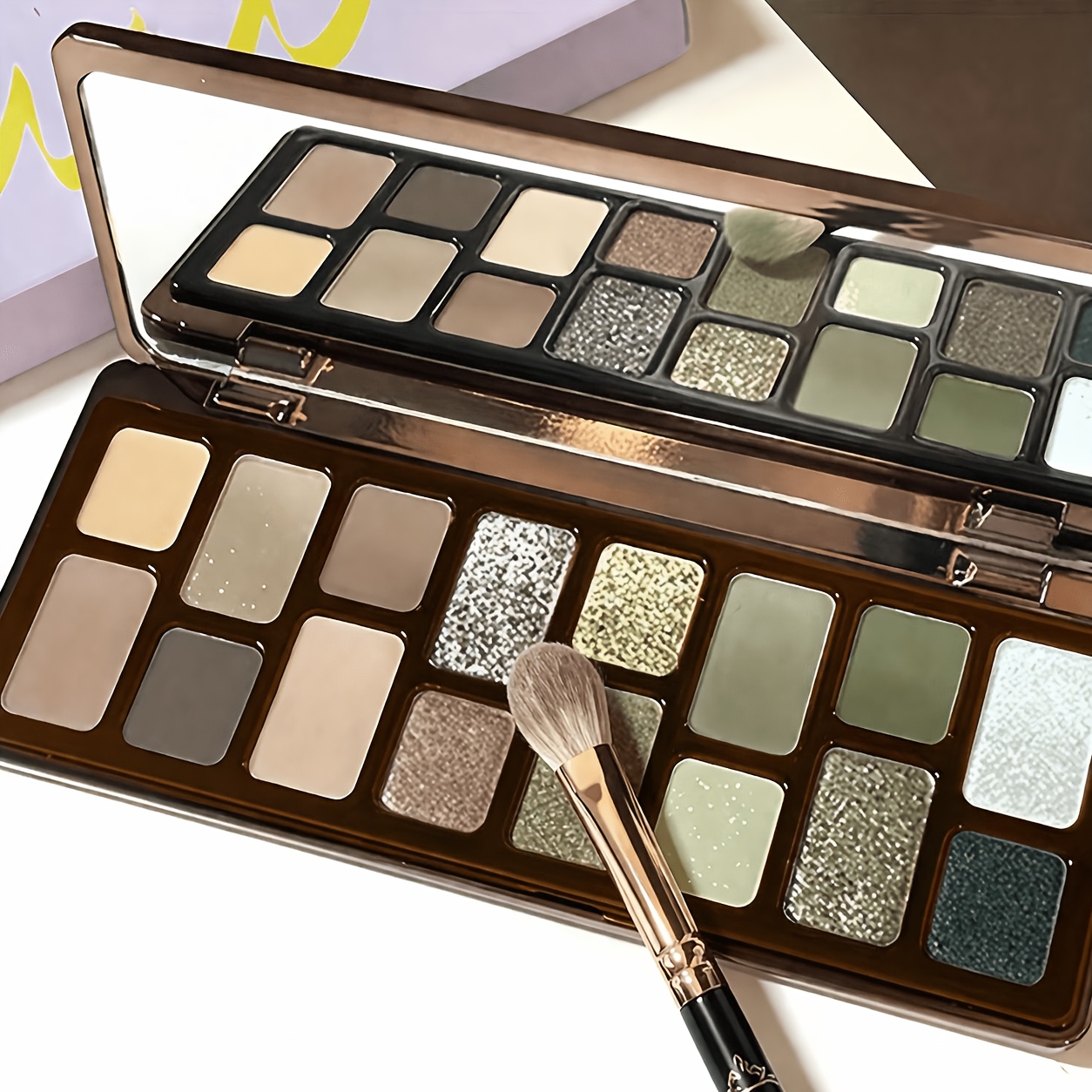 Image of K'apeine 16 Colors Eyeshadow Palette With Mirror And Brush, Pigmented Neutral Nude Green Eye Shadow Palette, Long Lasting Matte Shimmer Metallic Makeup Kit For Women
