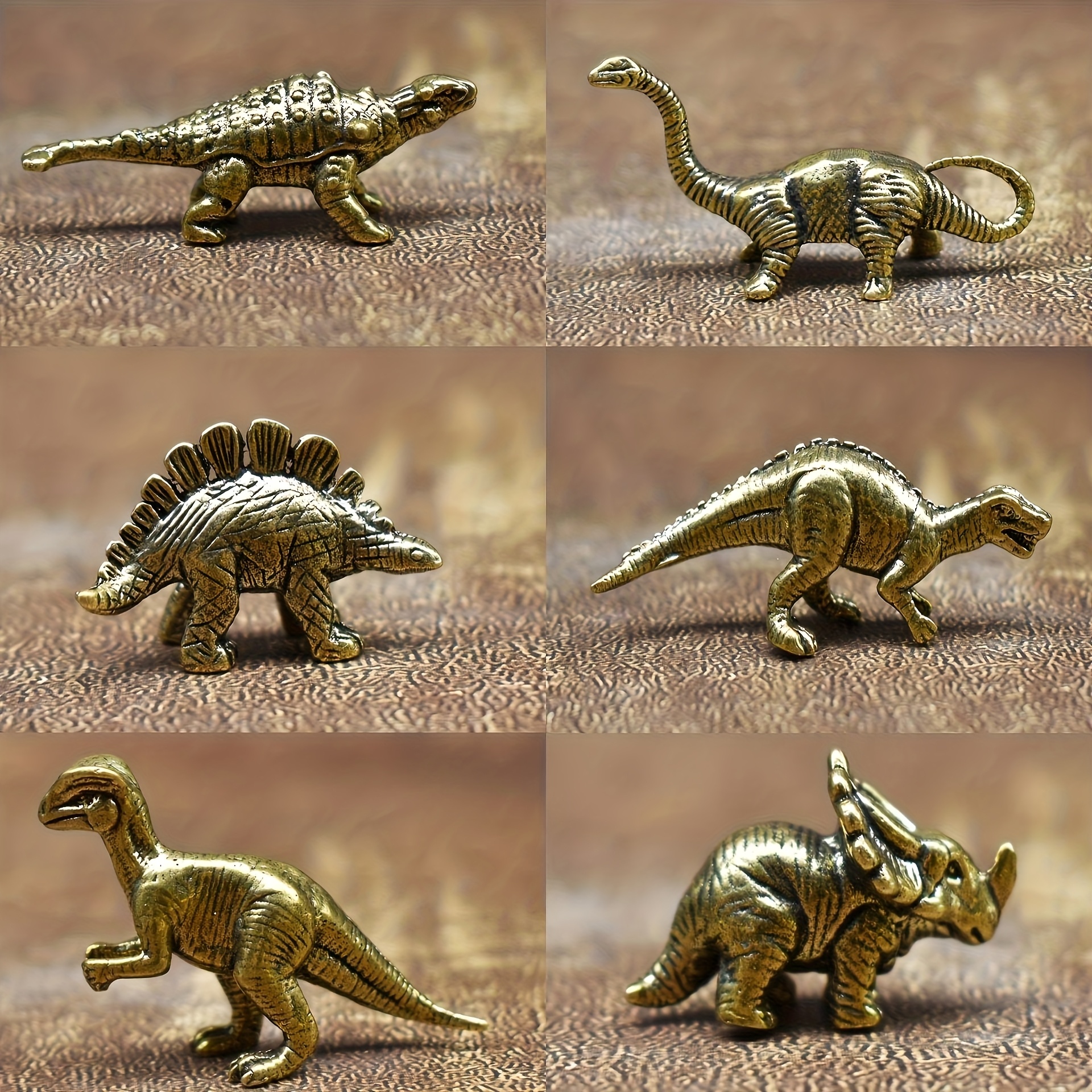TEMU 6pcs Vintage Brass Dinosaur Figurines, Anime-themed Collectible Decor For Room Types, Ideal For Easter, Hanukkah, Thanksgiving, July 4 - No