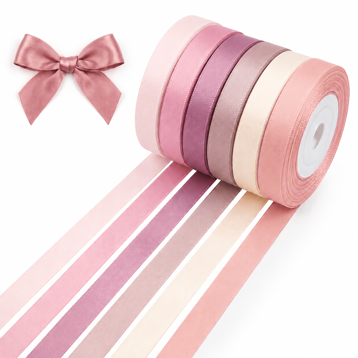 Image of 6 Rolls 3/8 Inch (1 Cm) Blush Pink Satin Ribbon, 22m Elegant Rose Pink Satin Ribbon, Suitable For Gift Wrapping, Handmade Crafts, Weddings, Bridesmaid Gifts, And Valentine's Day