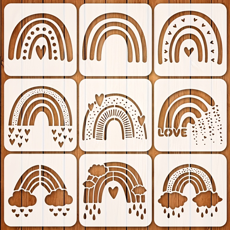 Image of 9pcs Rainbow Stencil Set, 5.12x5.12 Inches Reusable Painting Templates For Diy Crafts, Scrapbooking, Fabric, Canvas, Wall & Home Decor