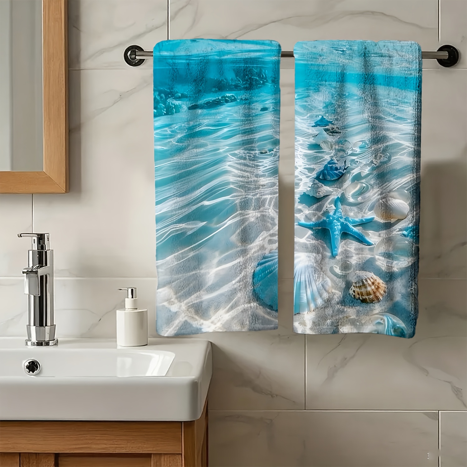 TEMU 1pc, 2pcs Cute Hand Towel With Starfish And Seashell Pattern Print, Made Of Soft, Comfortable, And Durable. Suitable For Bathroom And Kitchen