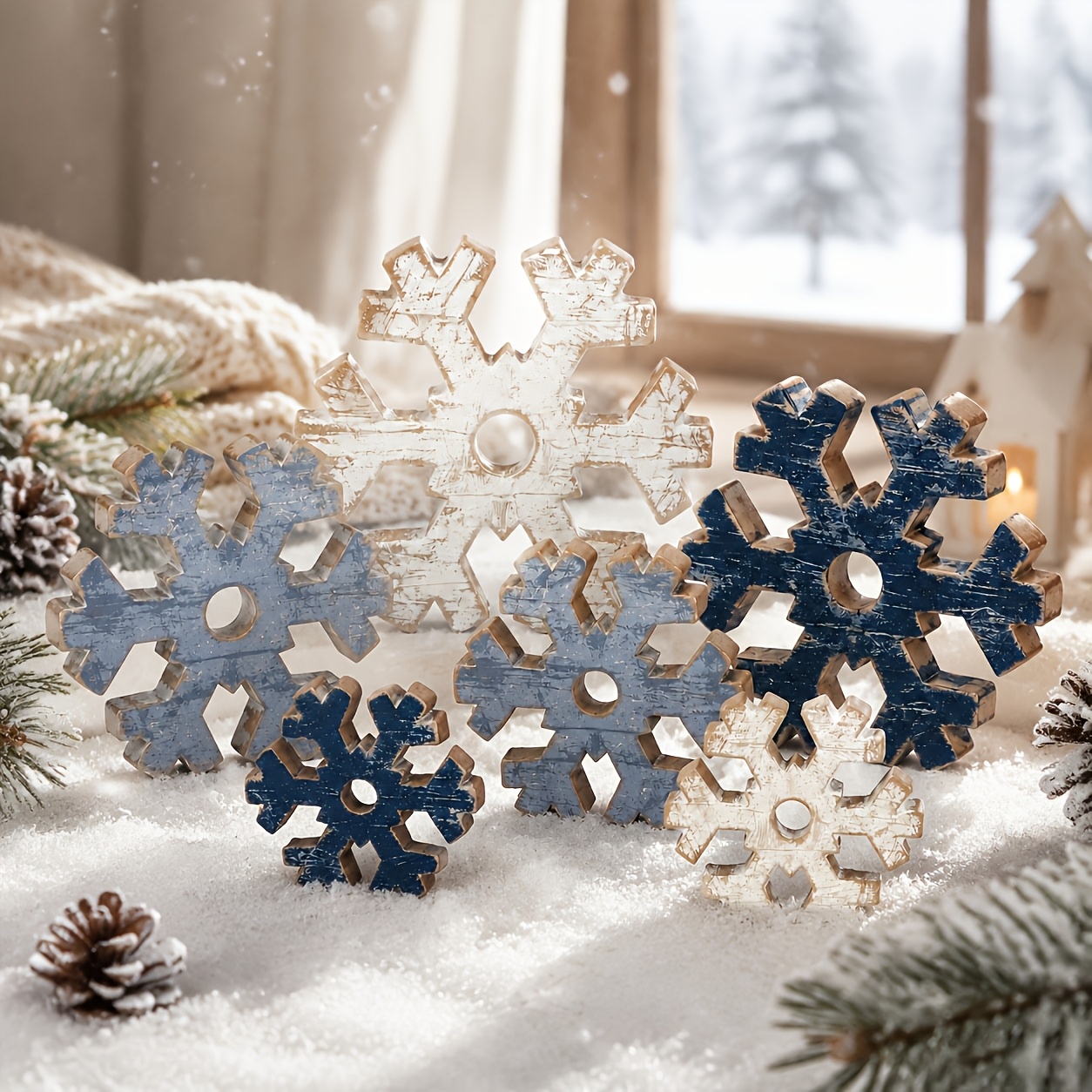 TEMU Wooden Snowflake Tabletop Decorations, Distressed Rustic-style Snowflake Wooden Sign Decorations, Christmas And Winter Tiered Tray Decorations,