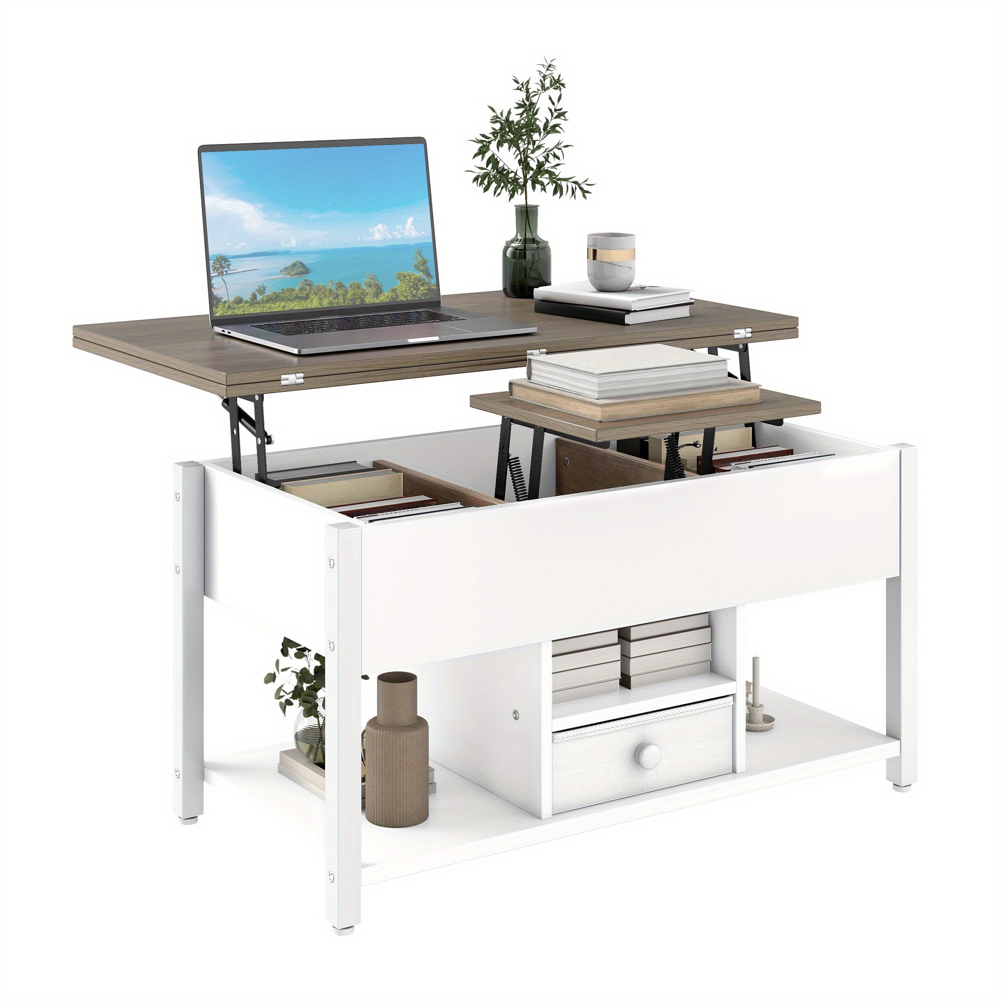 TEMU Mesa de Café y Comedor Ajustable y Extensible - Escritorio Convertible de Estilo Retro Moderno con Elevable, Ideal para Espacios Pequeños,