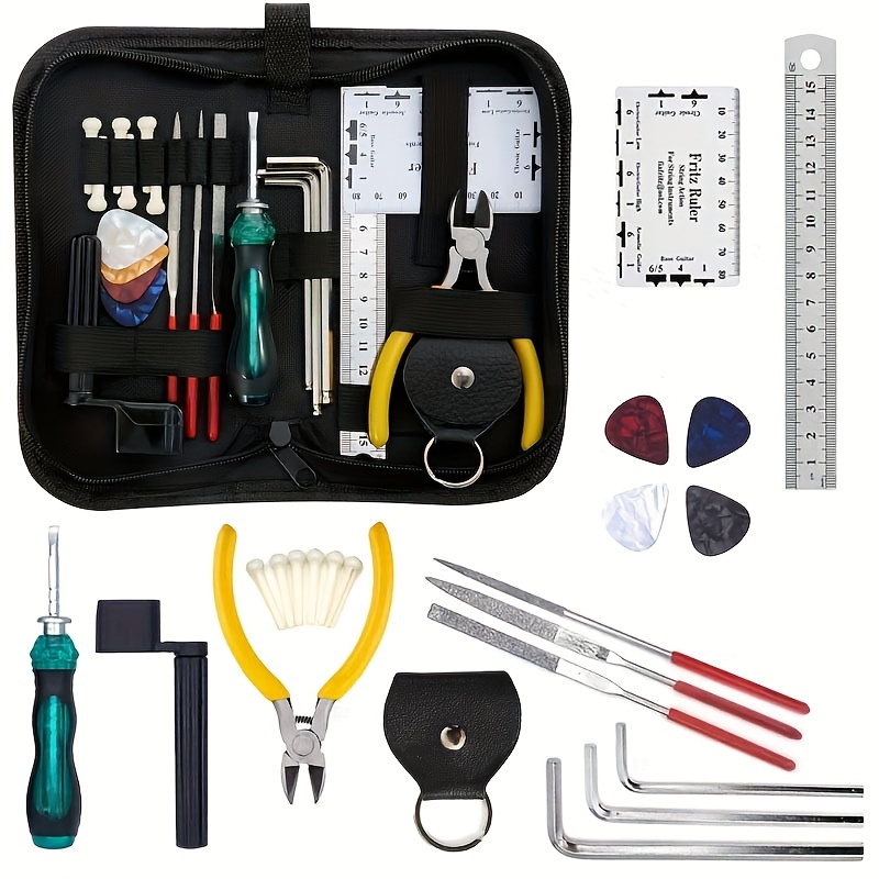 

Complete Guitar Repair Kit - Includes String Changing Tool, Tuning Wrench, File, Ruler, And Accessory Bag - Perfect And Guitar Enthusiasts