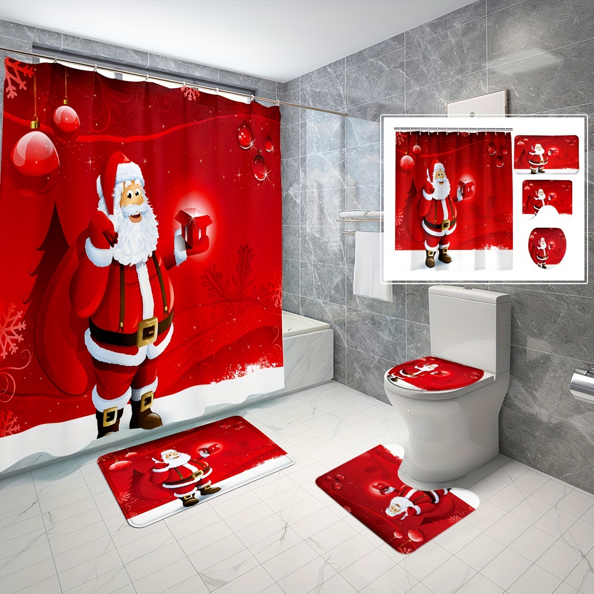 

1/3/4pcs Red Santa Claus Design Bathroom Set, Machine Washable, Shower Curtain, Non-slip Bath Mat, Mat, Toilet Lid Cover, Bathroom Decor, Hooks Included