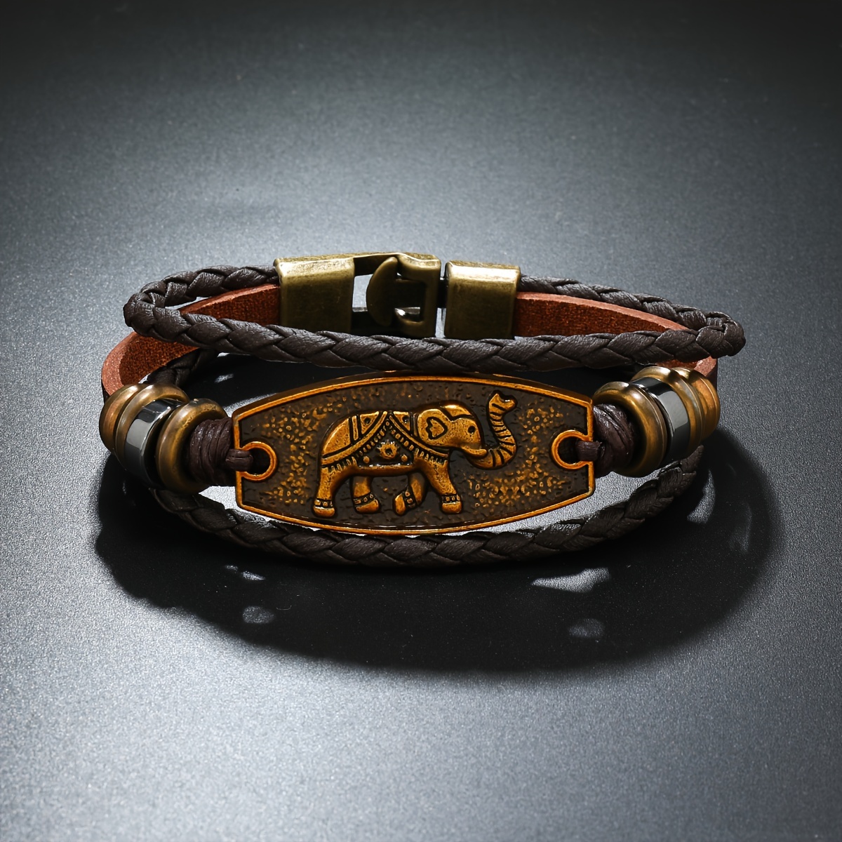 Alloy Elephant Beaded Leather Bracelet Men Woven Accessory