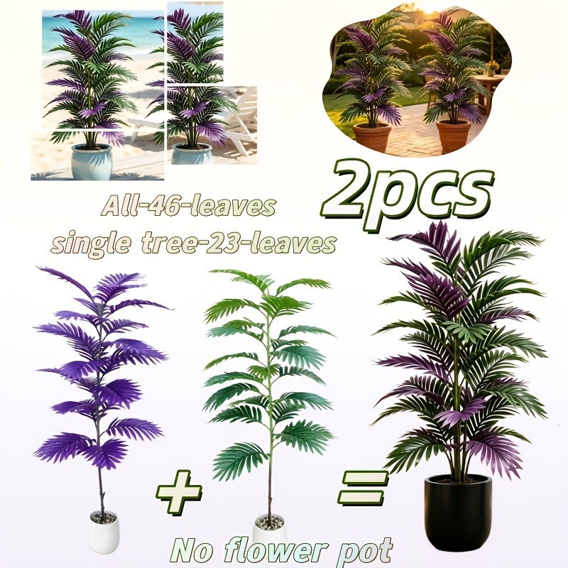TEMU Lot de 2 Palmiers Artificiels de Grande Valeur, avec 23 Feuilles de Palmier - Feuilles et Violettes, Tridimensionnelle et Réaliste avec Texture