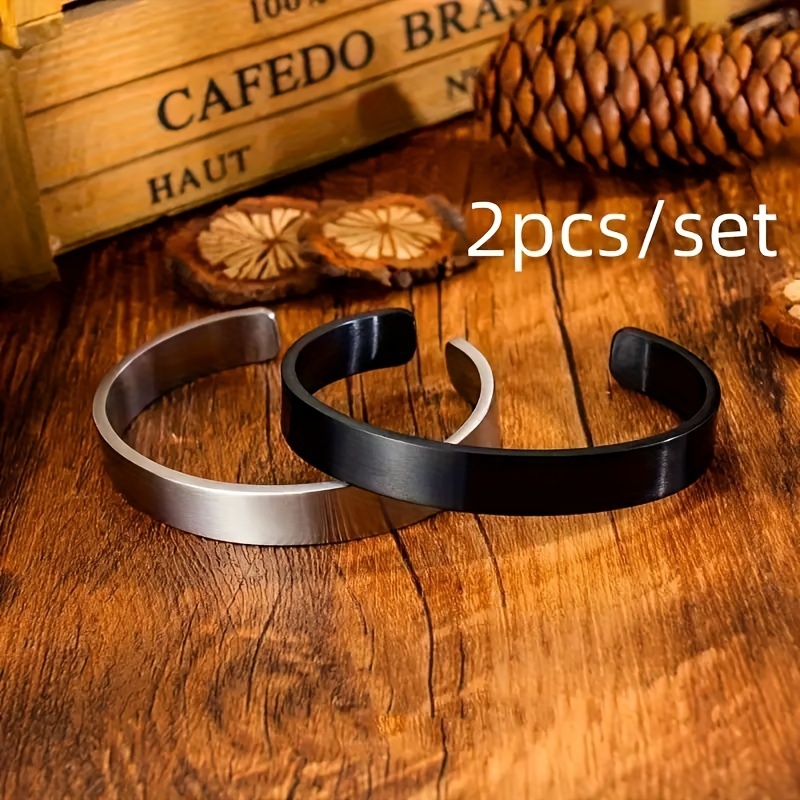 

2pcs/set Titanium Steel Glossy Lettering Opening Adjustable Bracelet Suitable For Men's Fashion Simple Casual Party Accessories