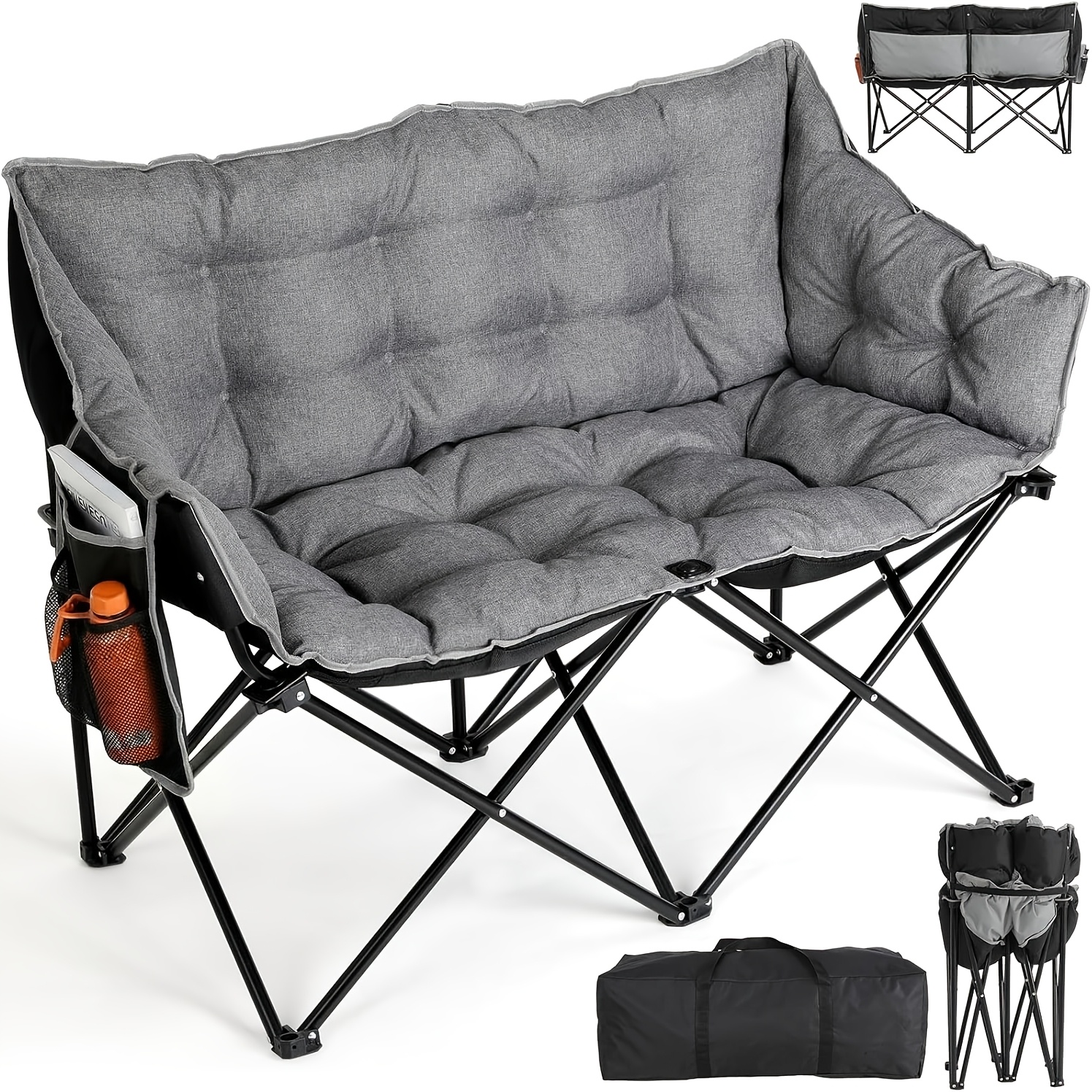 Image of Camping Chair For 2 People, Double Folding Camping Sofa 320kg, 2-seater Camping Sofa, Padded Camping Armchair, Back Pocket, Storage Bag, Side Pocket, For Outdoor Use, Fishing, Beach