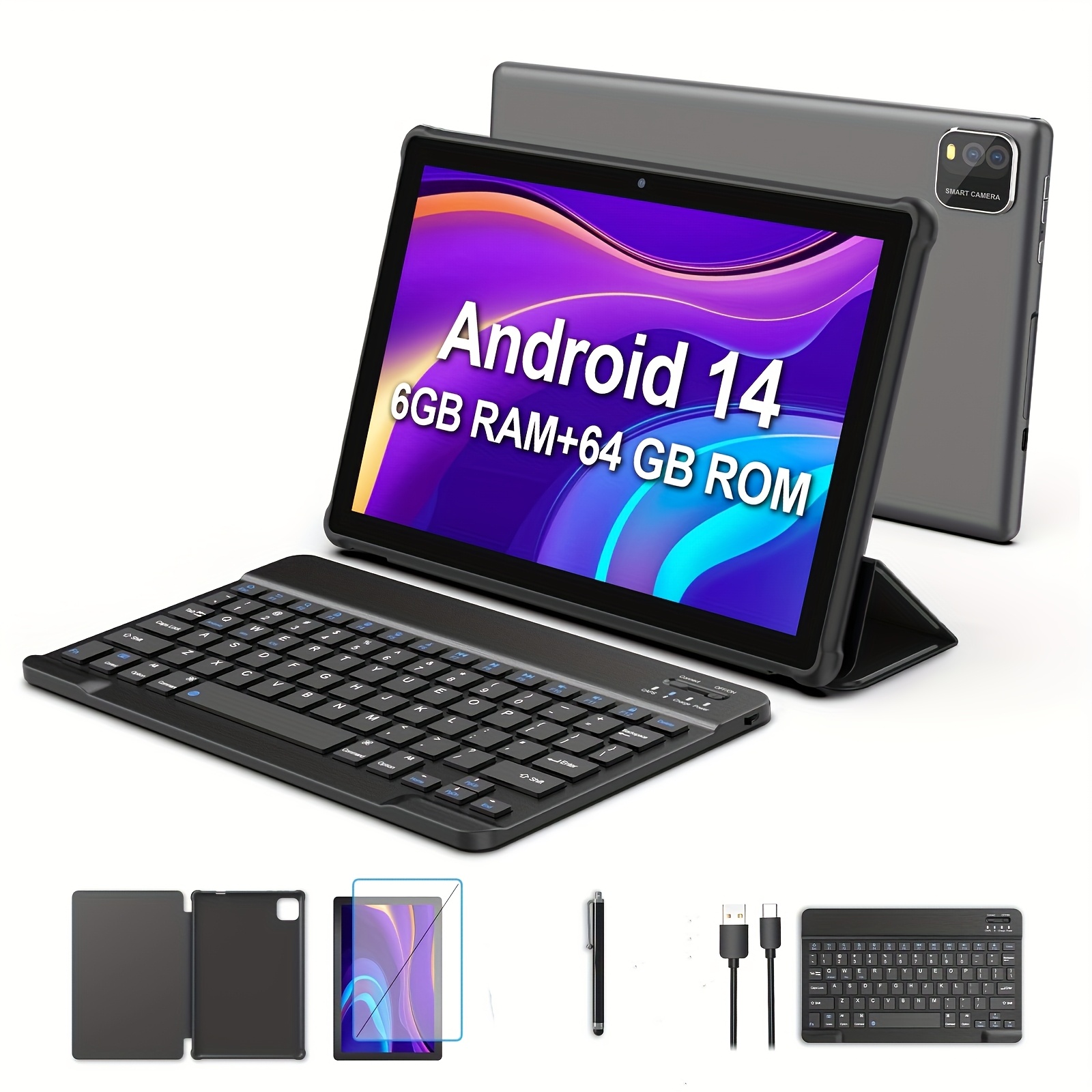10 1 inch android 14   tablet 2 in 1 tablet with keyboard protective case stylus without electricity 64gb storage 6gb 3gb 3gb expansion memory   dual cameras   core processor 6000mah battery 1280 800ips hd display tablet  
