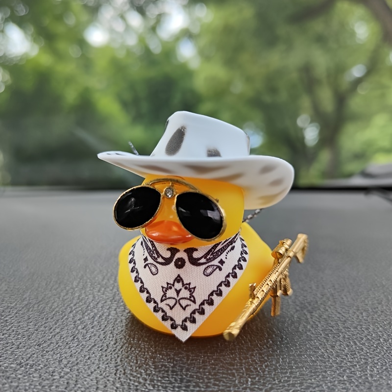 Wonuu Cute Yellow Duck Car Ornament - Shaking Head Dashboard Decor With Glasses & Chain