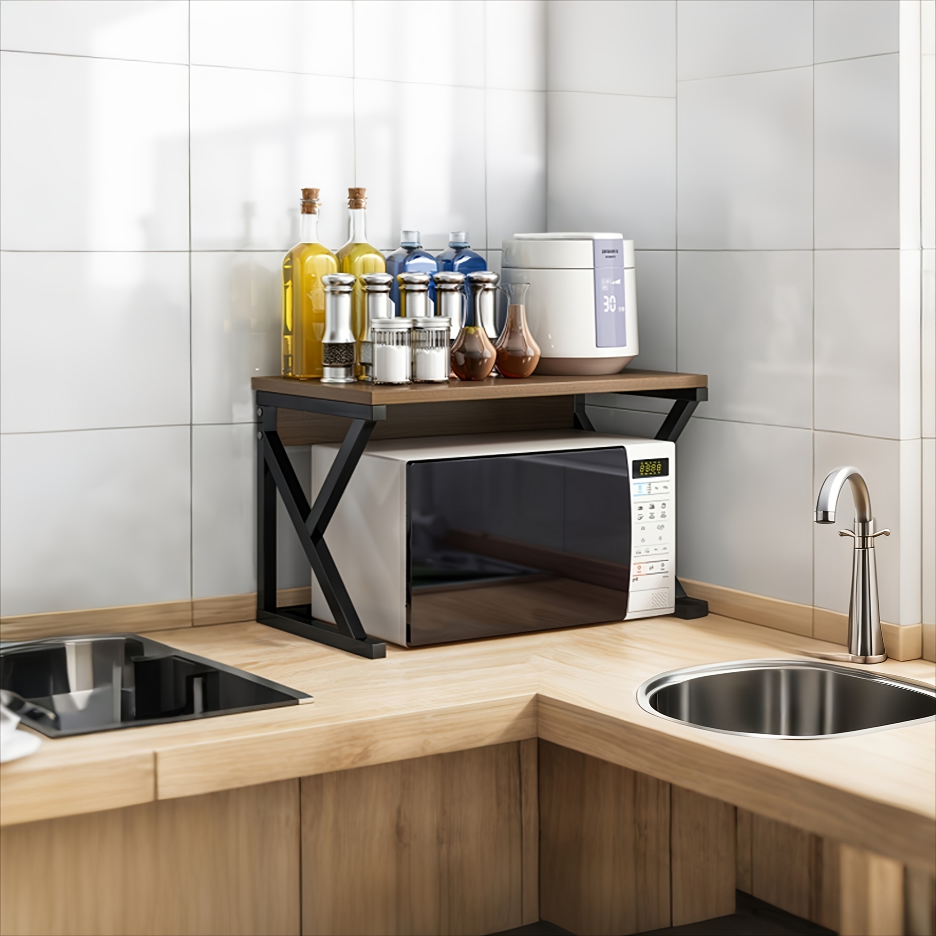 E-shop Moderne Küchenregal aus Holz & Metall mit 2 Regalstufen | Arbeitsplattenregal zur Aufbewahrung für Mikrowelle, Kaffeemaschine und Gewürzgläser