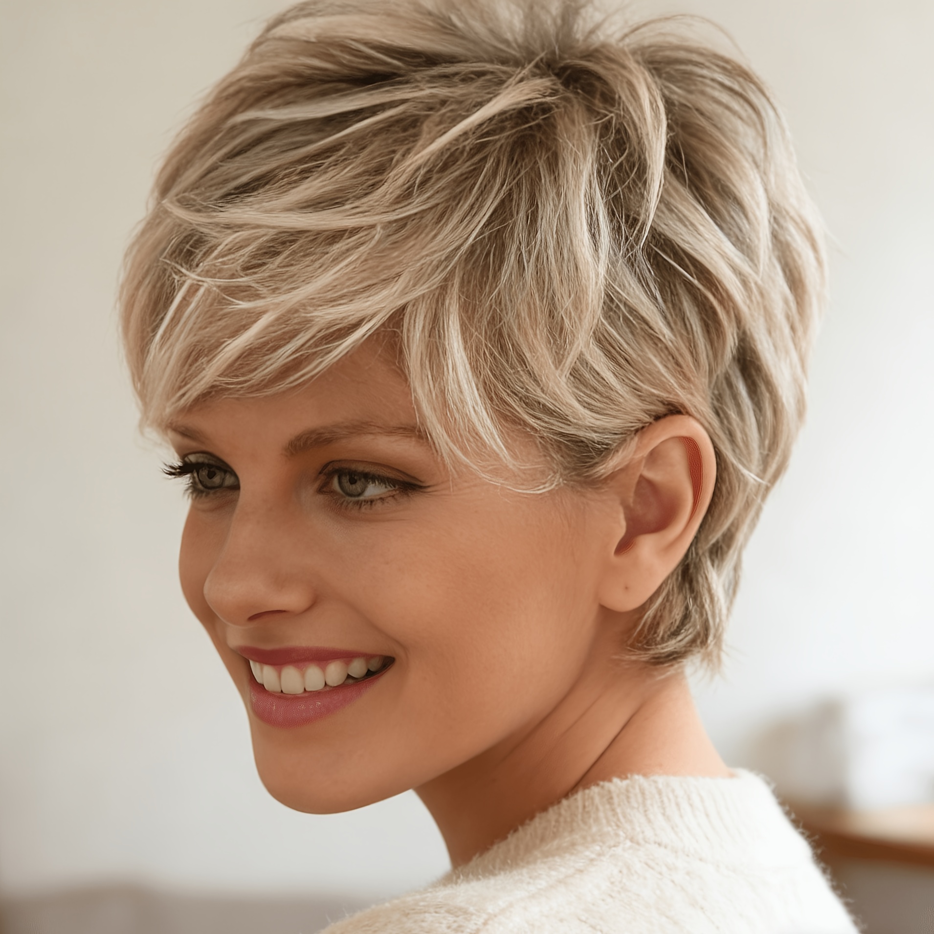 a stylish short blonde wig featuring layered   waves made   of synthetic material   halloween and designed for women