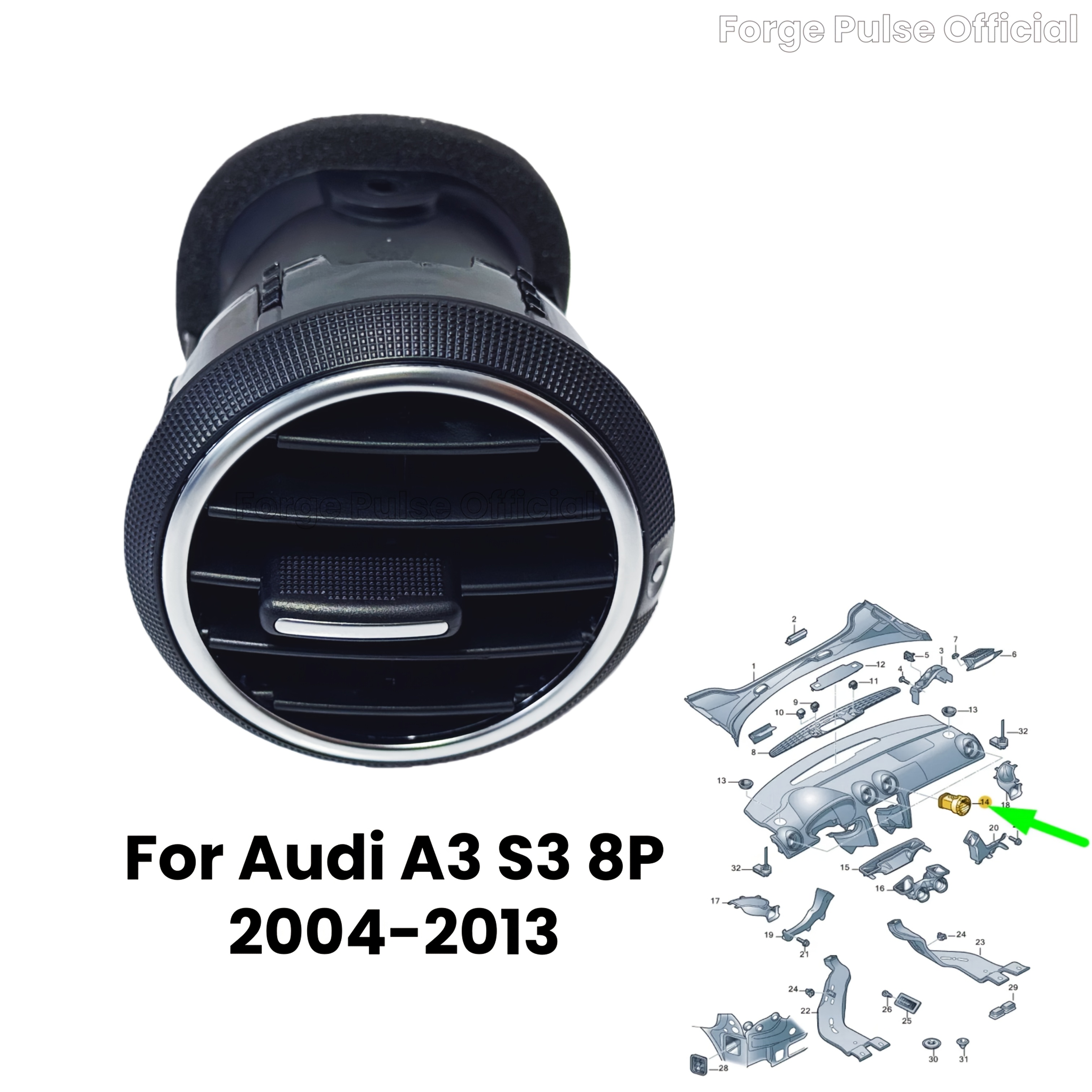 Grille D'aération De Rechange Pour Audi A3 S3 8P (2008-2012) - Pièce OEM 8P0820901C | En ABS Noir Chromé, Installation Facile