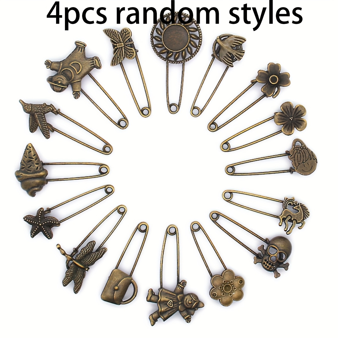 TEMU 4pcs Vintage-inspired Alloy Safety Pins With Intricate Designs -, Bird, & Floral Patterns, Diy Crafts & Accessories, Sewing Supplies