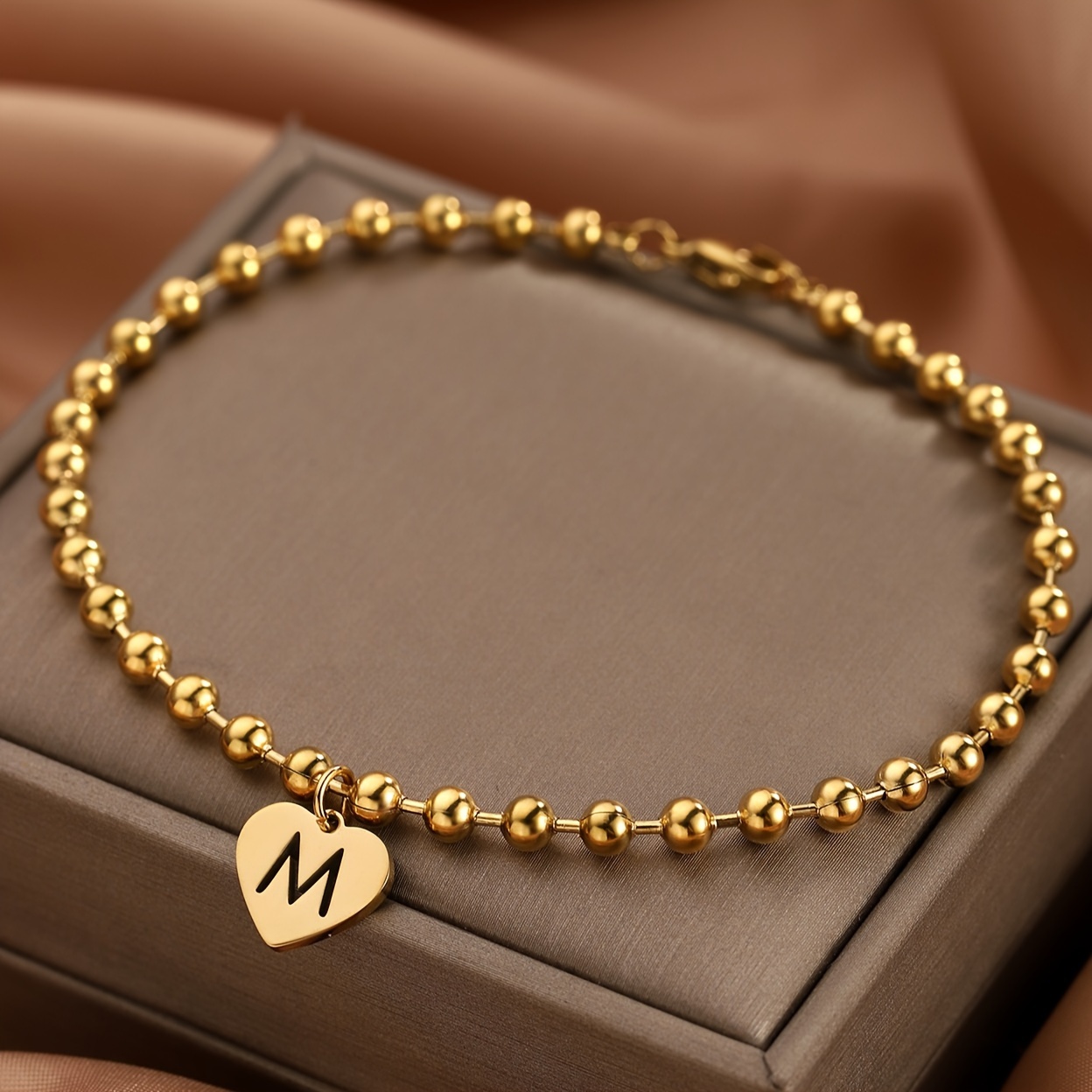 Image of 26 Initial Letter Bracelets Stainless Steel Golden Round Beads Heart Shaped Letters Bracelet Suitable For Women' Wear