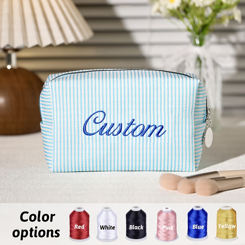 TEMU Bolsa de Maquillaje de Seersucker Bordada Personalizada, Neceser de Cosméticos Monogramado para Damas de Honor, Organizador de Artículos de