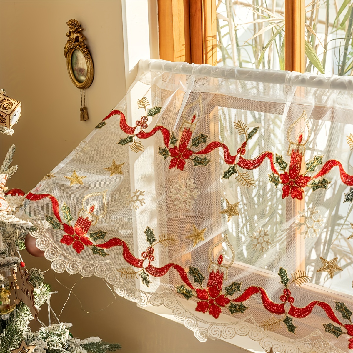 TEMU 1pc Christmas Embroidered Colorful Sheer Curtain With Rod For Easy Hanging, Perfect For Living Room And Bedroom Decor Curtains For Living Room