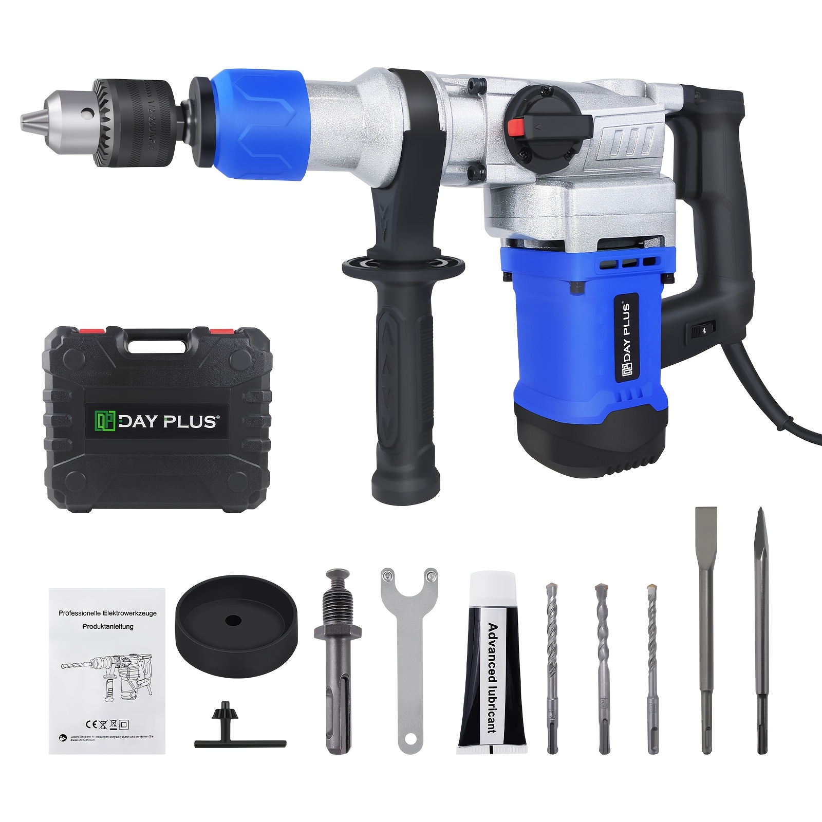 Rotary Hammer Drill Corded Rotary Electric Hammer Drill Impact Drill Kit With Rotation Stop, 3pcs Drill Bits Set Chisel Heavy Duty Impact Drill For Brick, Wood, Steel, Concrete, Masonry