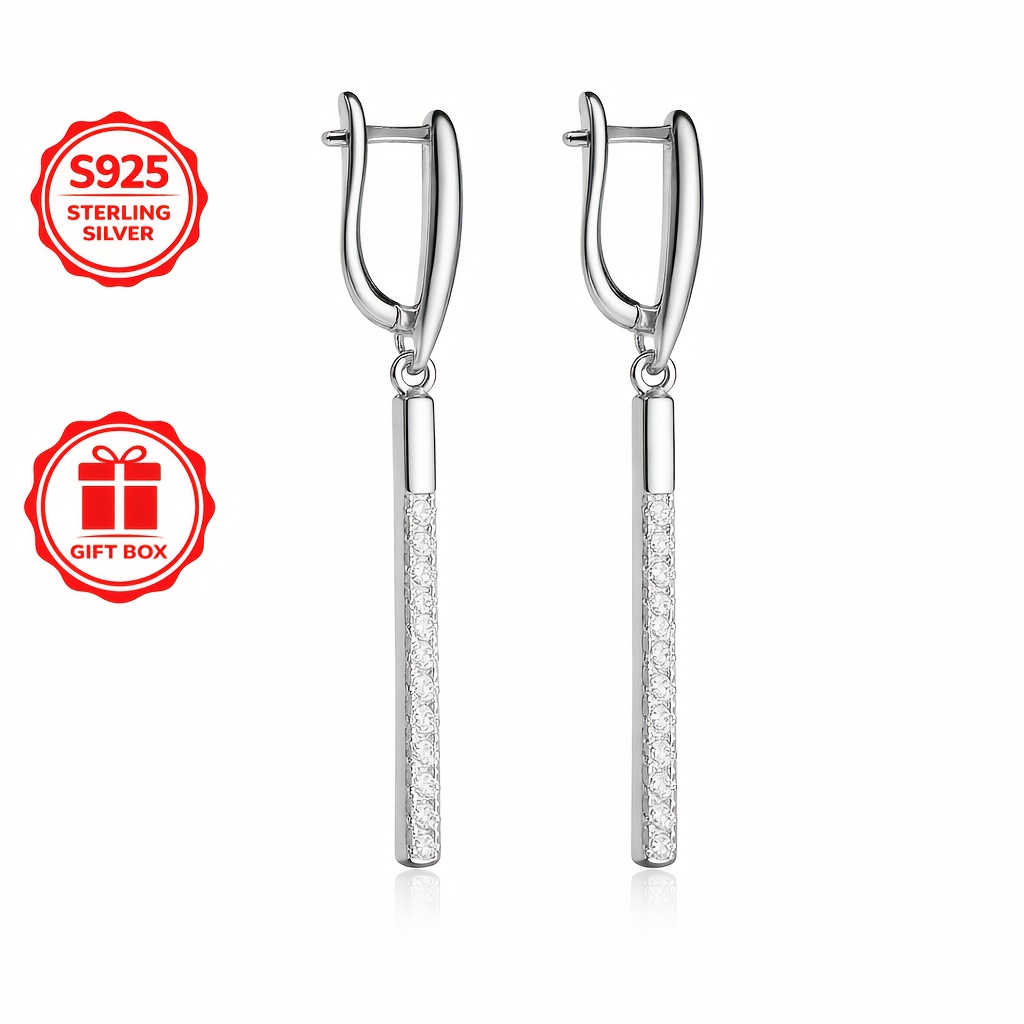 Image of 925 Sterling Silvery Drop Earrings For Women, High-quality 5a Cz, Minimalist Vertical Bar Design, Hypoallergenic, Lightweight & Secure, Gift Box Included, Perfect For Daily