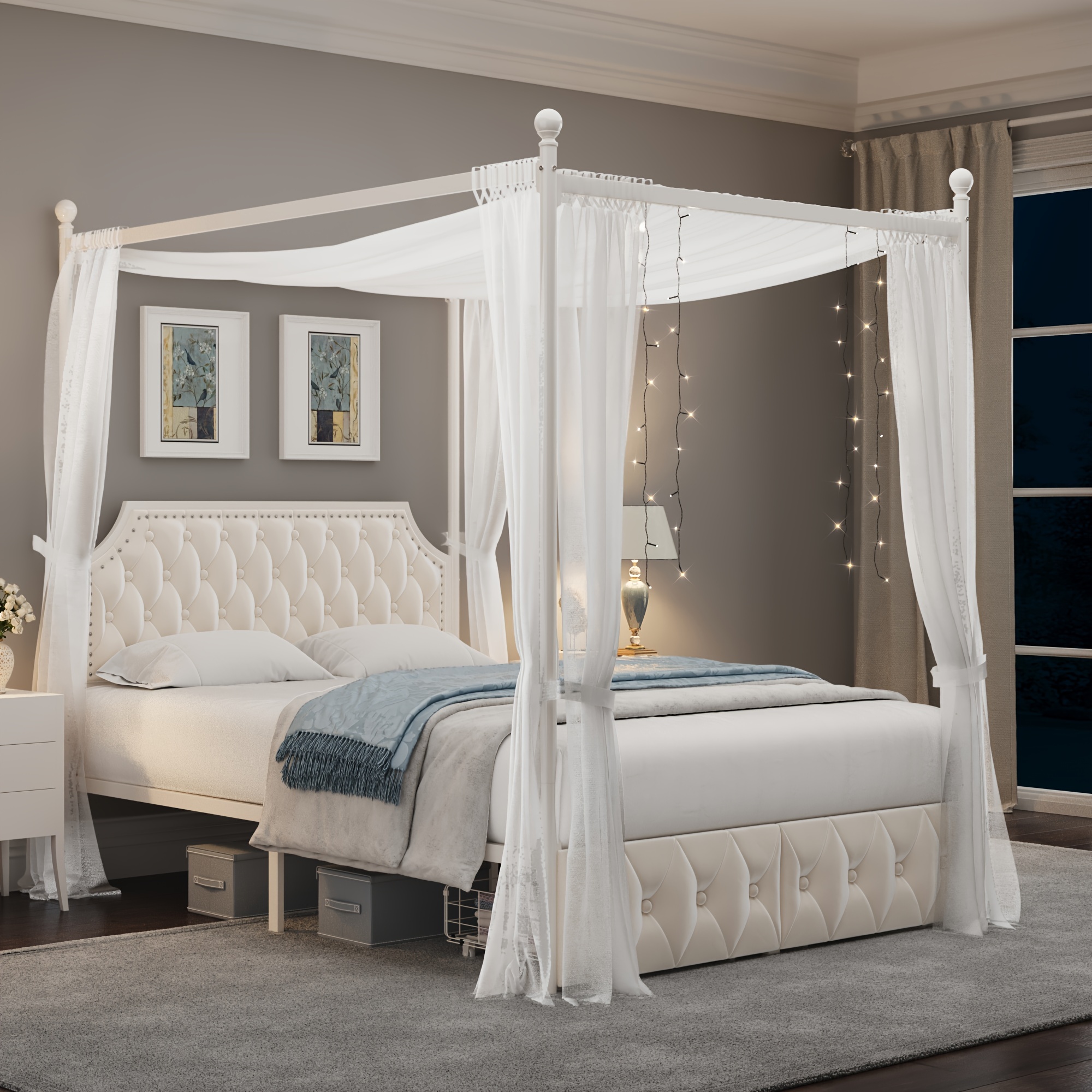 

Full/queen/ Bed Frame With 2/3 Drawers And Button Tufted Headboard, Platform Bed With 4 Removable Posts, Two-purpose Velvet Bed, No Box Spring Needed, Dark Grey/beige, Curtains Not Included