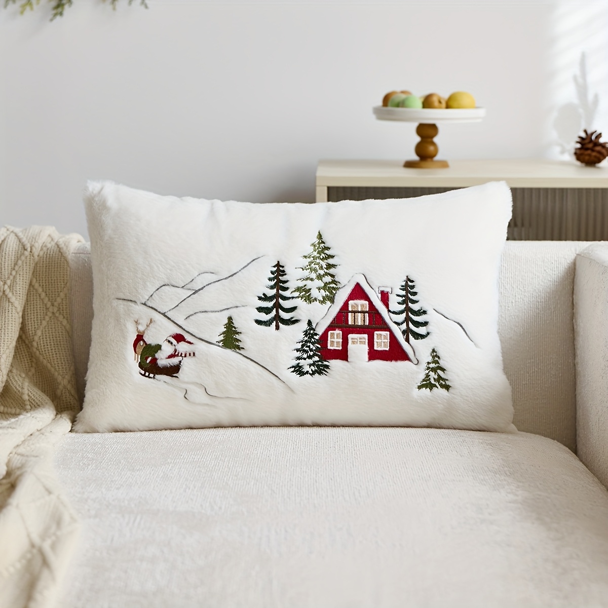 Image of 1pc, Christmas Pillowcase, Red House Santa And Christmas Trees Throw Pillow Covers, Single Side Embroidery, Suitable For Sofa, Living Room, Bedroom Home Decoration, No Pillow Core