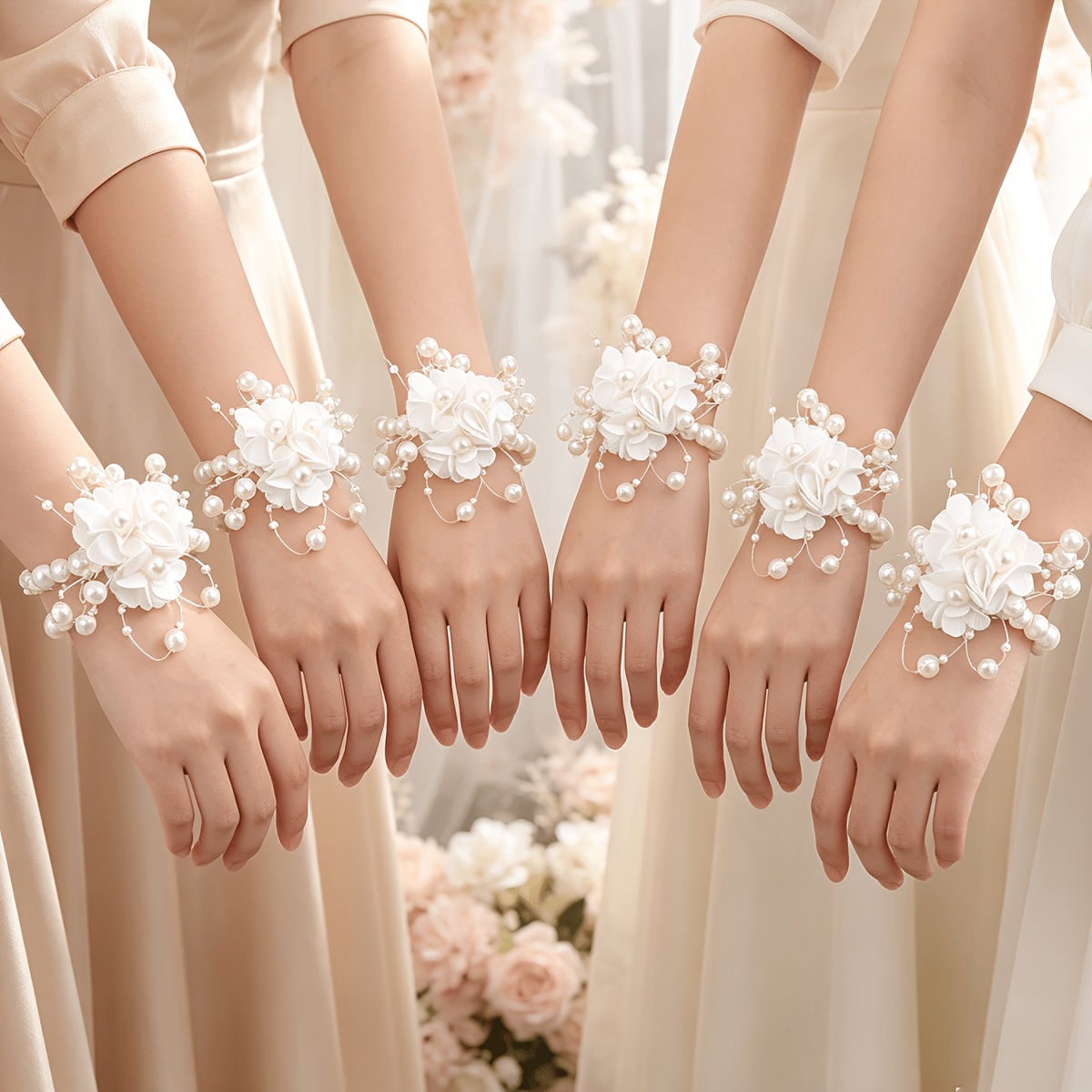TEMU 6pcs 6pcs Pack (6pcs Per Pack) Elegant Beaded Stretch Pearl & Gauze Flower Corsages Suitable For Wedding Bridesmaid Wrist Corsage, Table