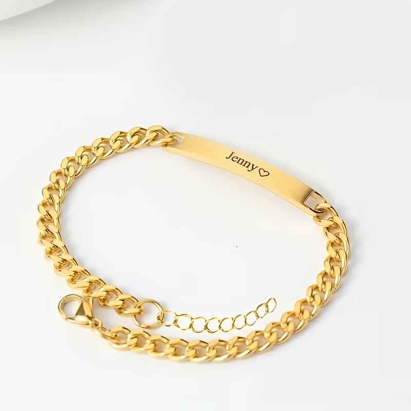 TEMU Bracelets de couple personnalisés avec plaque signalétique gravée - Style élégant et , fabriqués en acier inoxydable 304L plaqué or , adaptés à