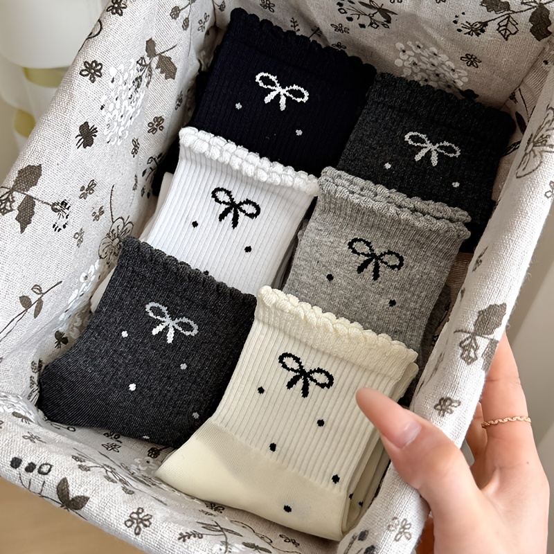 E-shop 5 Paar Damen Socken, verziert mit kleinen Polka Dot Schleifen-Spitzen, All-Match Weich, Modischer
