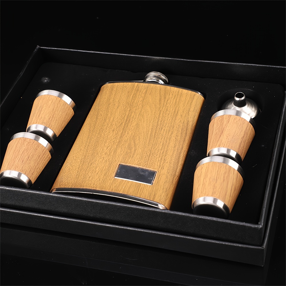 TEMU 9oz Wooden Hip Set With 1 Funnel And 4 Cups Whiskey Wine Stainless Steel Bottle Travel For Gifts