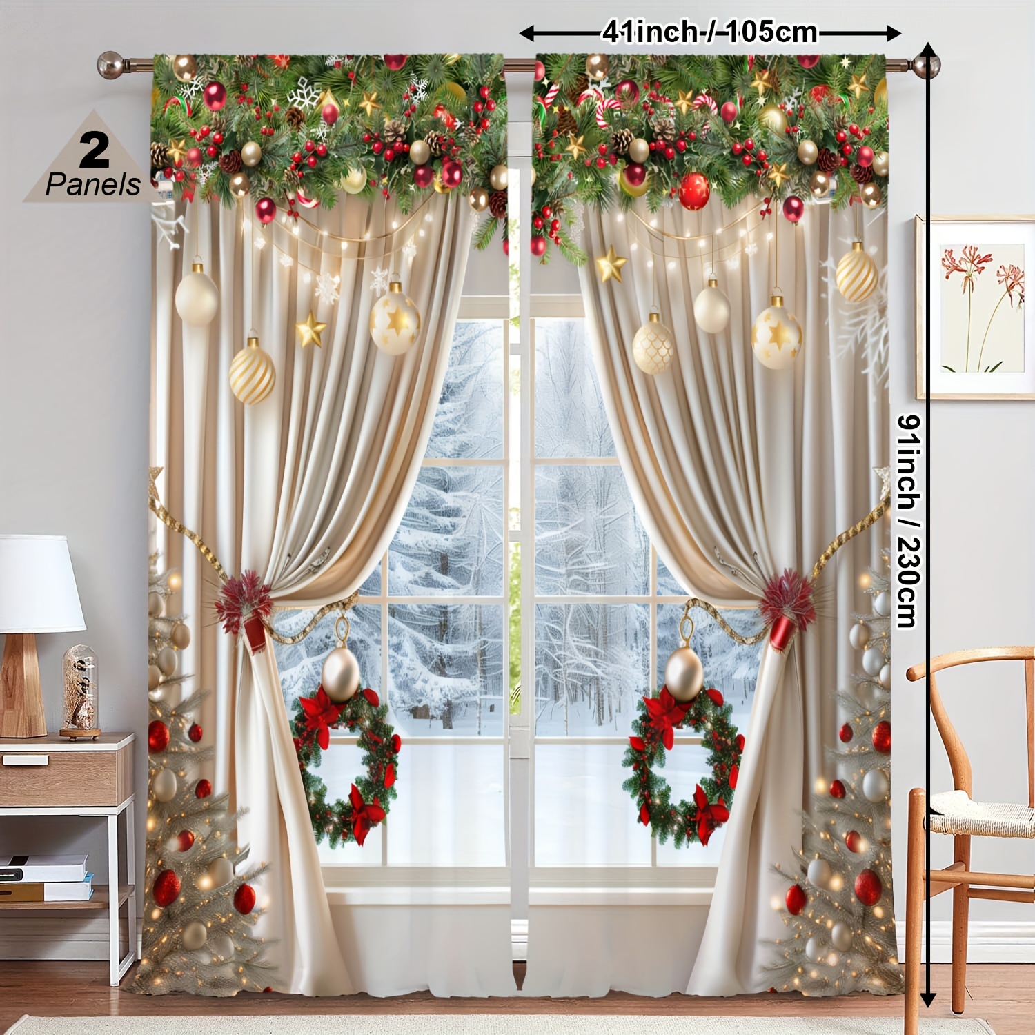 TEMU 2pcs Luxurious Christmas Curtains With Pocket - 3d , Light-filtering, For Living Room, Bedroom, Office, Kitchen - Holiday Decor With Ornaments