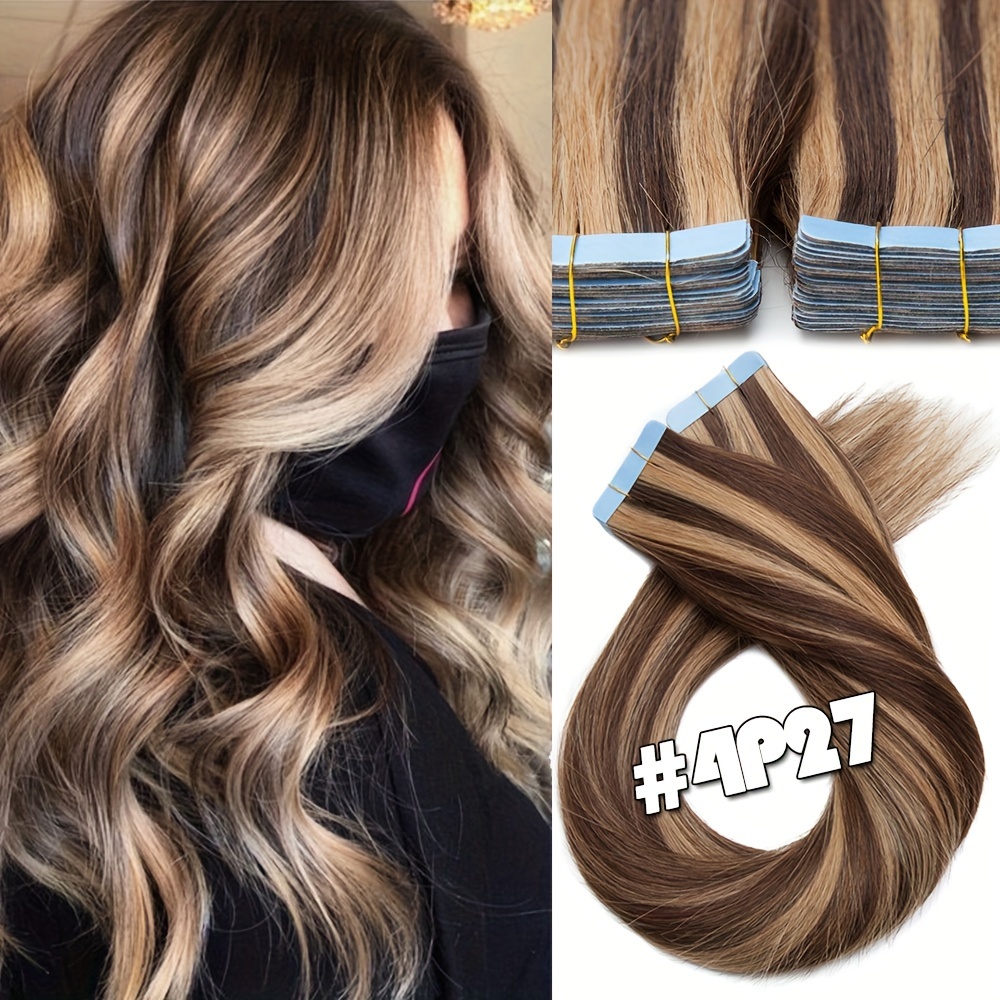   tape in hair extensions human hair real human hair tape in extensions straight highlight 100   seamless human hair extensions for women 12 24 inches 25g pack 10pcs skin weft details 6