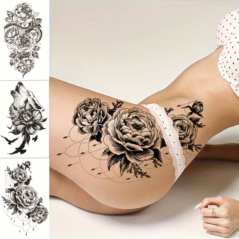 

3pcs Waterproof Temporary Tattoo Stickers Set - Large Rose, Wolf & Snake Designs For Waist And Leg | Unique Black & Art Decals For Women | Fashionable Fake Tattoos