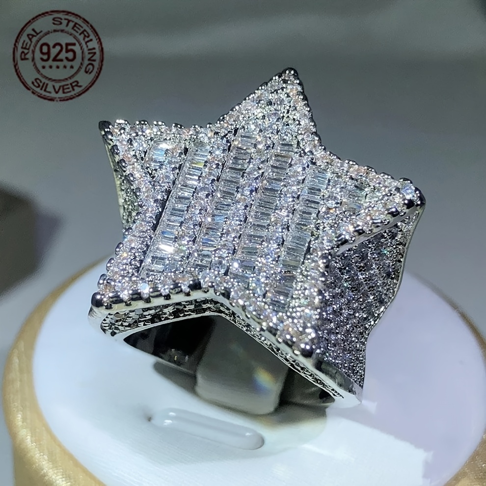 Luxury 925 Sterling Silvery Ring Ice Out Sparkling Zirconia Rappers HipHop Ring Star Shape Rings For Men Exaggerated Jewelry