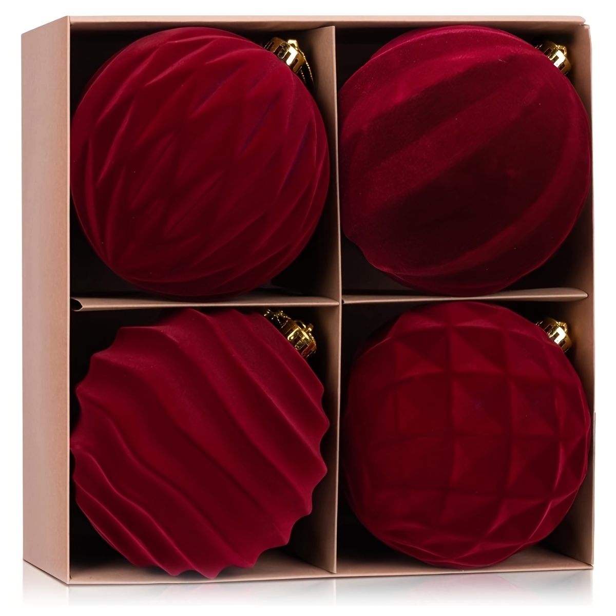 TEMU 4pcs 10cm/3.93inch Large Burgundy Velvet Christmas Ball Ornaments Set, Big Flocked Wine Red Shatterproof Hanging Balls For Xmas Tree, Wreath,