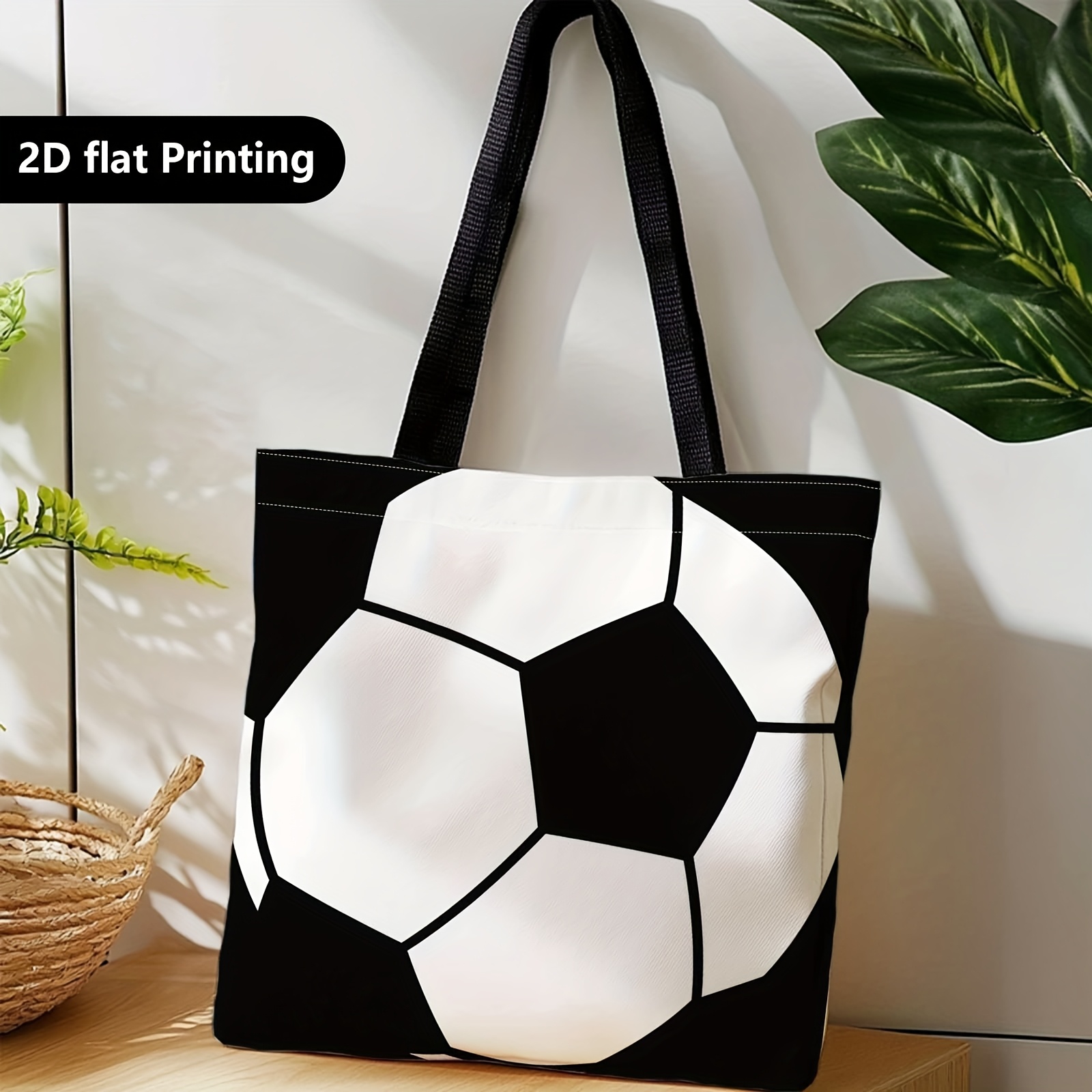TEMU 1pc A Shopper Bag, A Portable On The Shoulder Or , Featuring A Black And White Soccer Ball Graphic Design. Ideal For Travel, Storing Cosmetics,