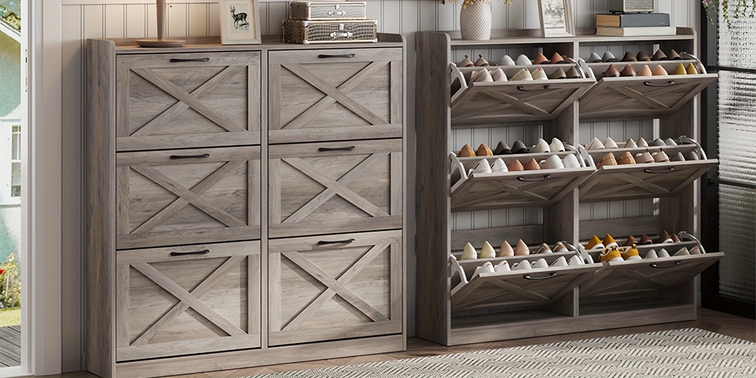 Washed Gray Shoe Storage Cabinet with 6 Flip Drawers | Narrow Freestanding Shoe Cabinet and Shoe Storage Organizer with Metal Handles for Entryway, Large Shoe Rack Organizer, Modern Farmhouse Style, Ideal for Shoe Racks, Made of Particle Board