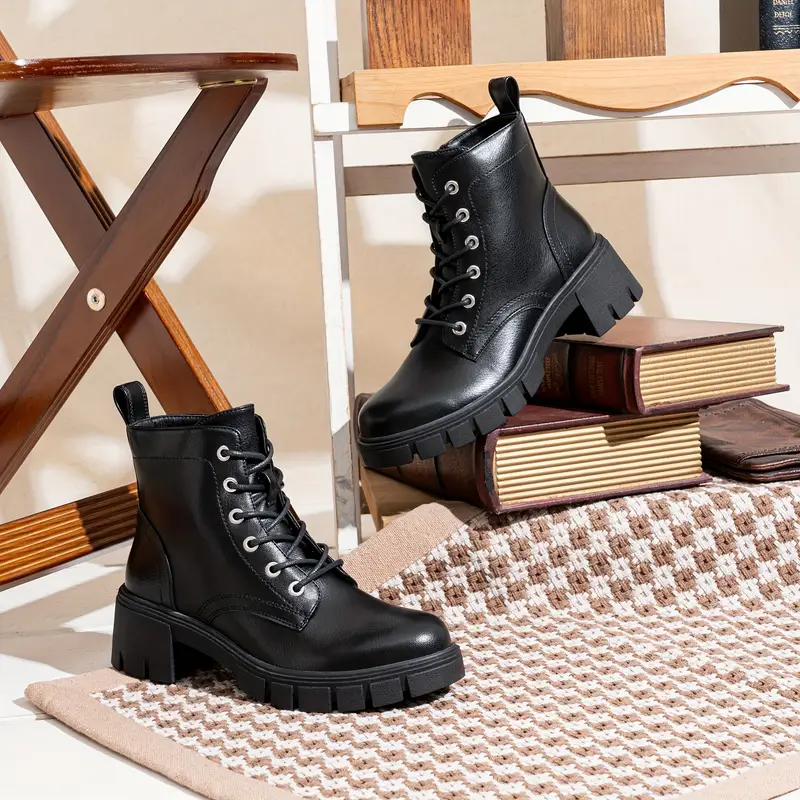 womens combat ankle boots lace platform chunky heel booties - Temu womens combat ankle boots lace platform chunky heel booties - Temu
