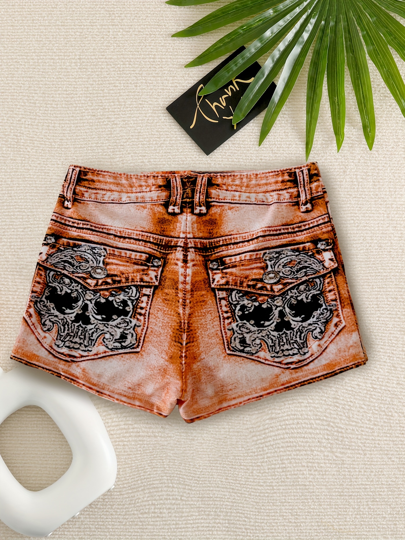 Easter Single Imitation Denim Print High-Waisted Women's Swim Shorts P0234