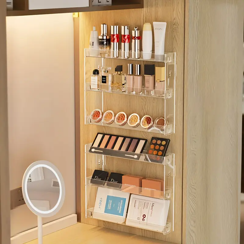 1 wall mounted makeup organizer shelf heavy duty adjustable vanity tray space saving bathroom storage rack with large capacity for makeup perfume lipsticks foundation no tools needed modern vanity decor for or bathroom counter durable plastic construction bathroom decor and accessories installation sturdy construction salon owners utility racks Product details 0