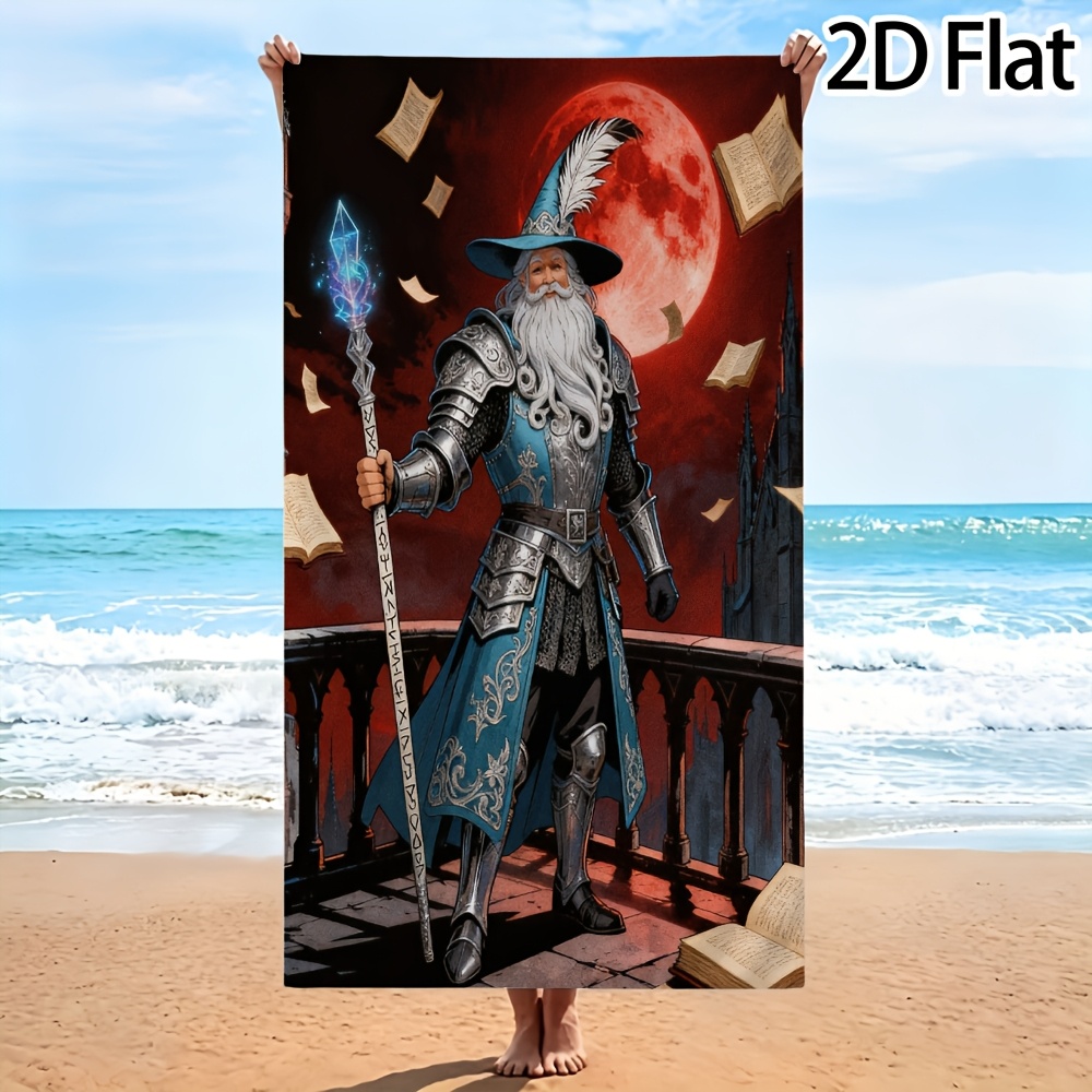 품목 사진 2D 평면, 1개, 2D 평면 프린팅, 마술사, 성, 달, 책, 갑옷의 정교한 패턴이 인쇄된 비치 타월. 휴대용 여행용 비치 랩 타월, 속건성 비치 목욕 타월, 모래 방지, 높은 흡수성, 스타일리시하고 캐주얼한 다용도. 야외 캠핑, 할로윈, 어머니의 날, 해변, 수영장 파티, 추수감사절, 기념일 선물, 새해 선물, 가족 및 친구용으로 적합, 2D 평면
