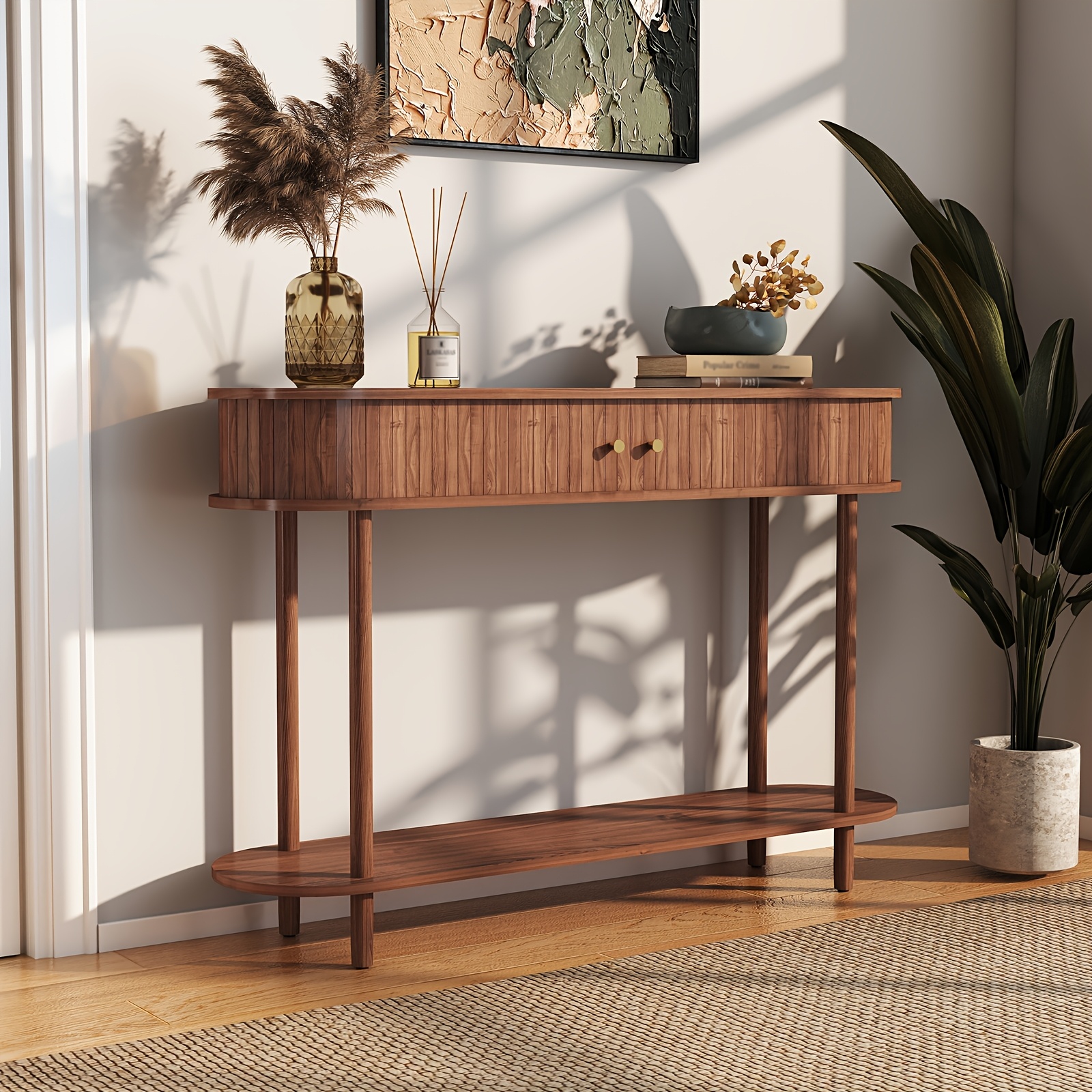 Image of Wooden Console Table With Drawers - Sliding Storage For Entryway Living Room, Hallway Decor, , , Multifunctional Furniture, Small Space Solutions