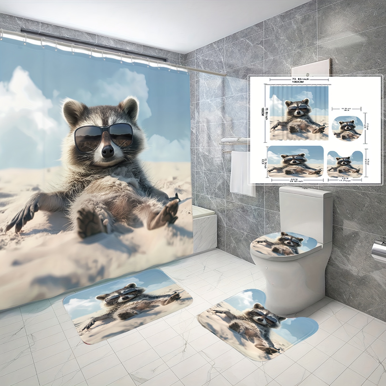 Small Raccoon Waterproof Shower Curtain Carpet - Temu