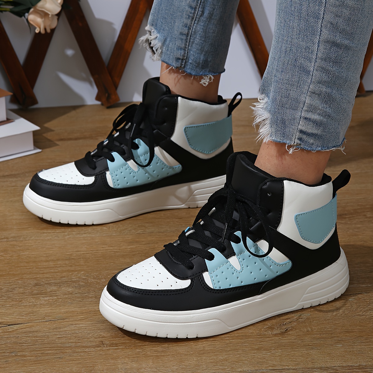 Black and White High-Top Sneakers with Blue Accents Les Hommes Mixed Media Hi Top Sneakers White Blue Gold Mens  main image 2