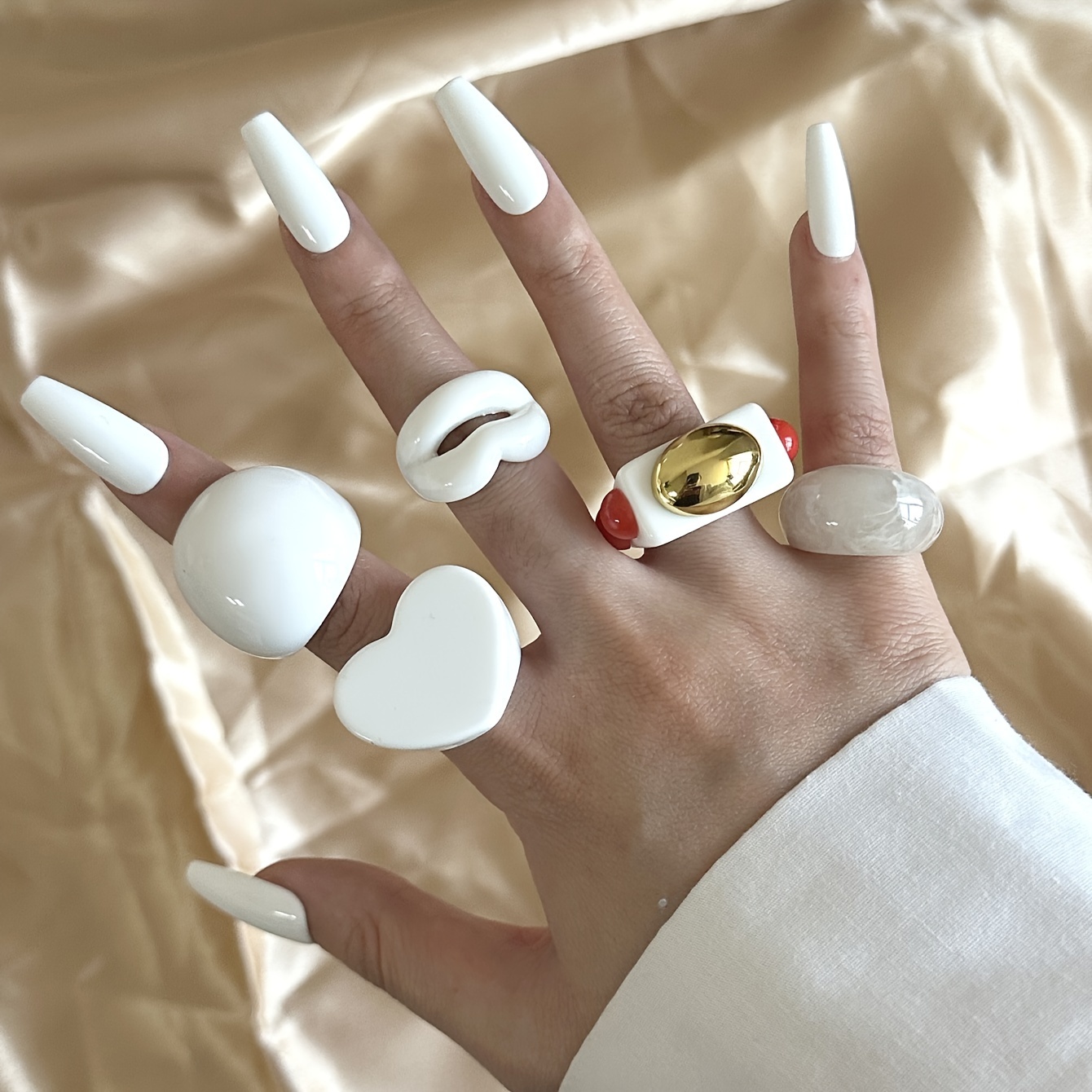 

Elegant 5pcs Resin Ring Set For Women - Chic White, Parties & Gifts, Summer Fashion