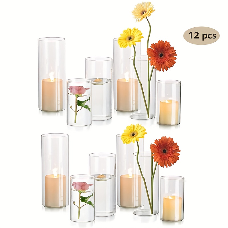 Image of 12pcs Glass Cylinder Vase Set, Transparent Candle Holders For Centerpiece Decor, Modern Hurricane Candlesticks, High- Hurricane Candle Holders – Perfect For Wedding And Home Décor