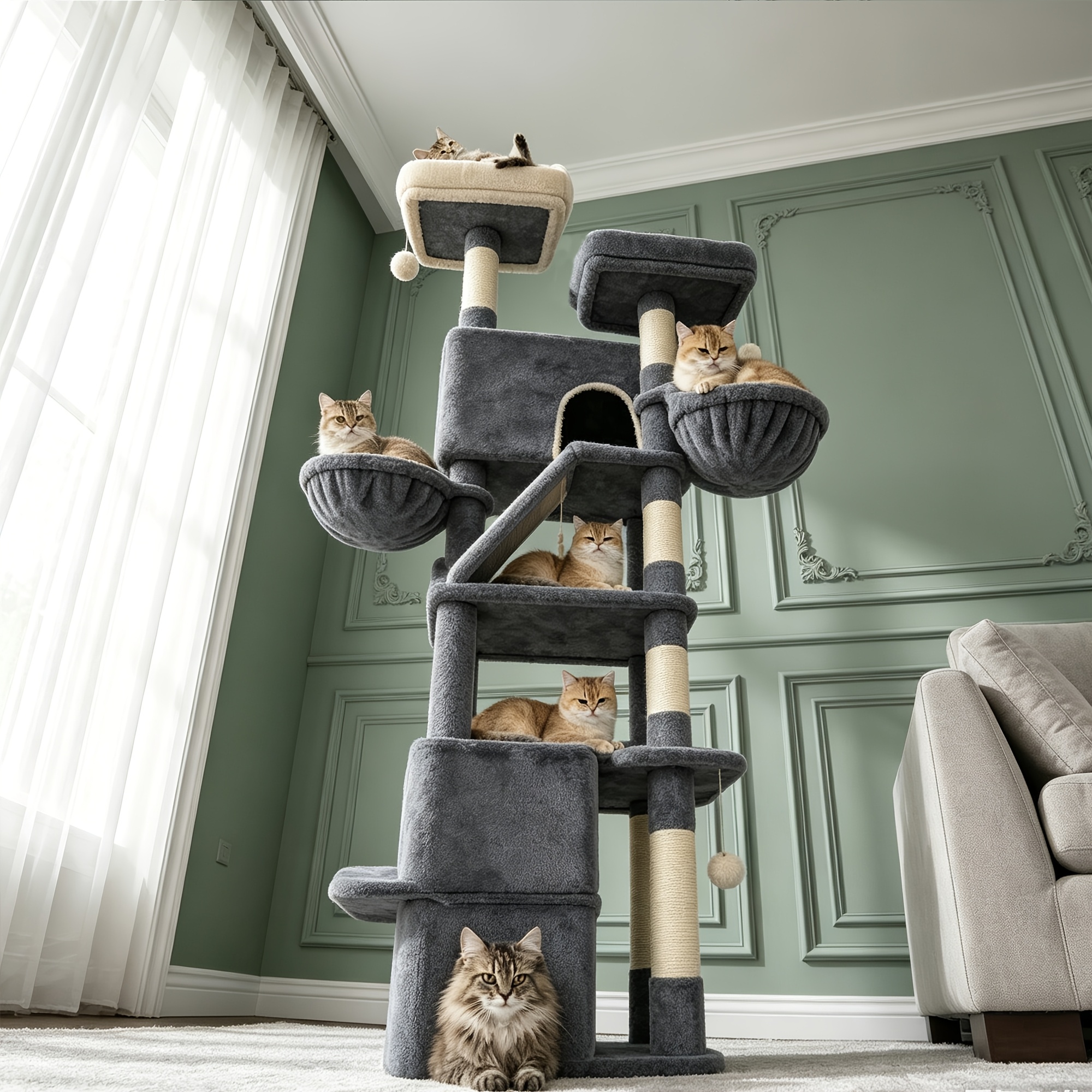 188cm Luxury Multi-cat Cat Tree, 6 Sisal Posts For Scratching, 3 Cat Nests, Double Platform, Double Wire Cat Nest Cat Scratching Post