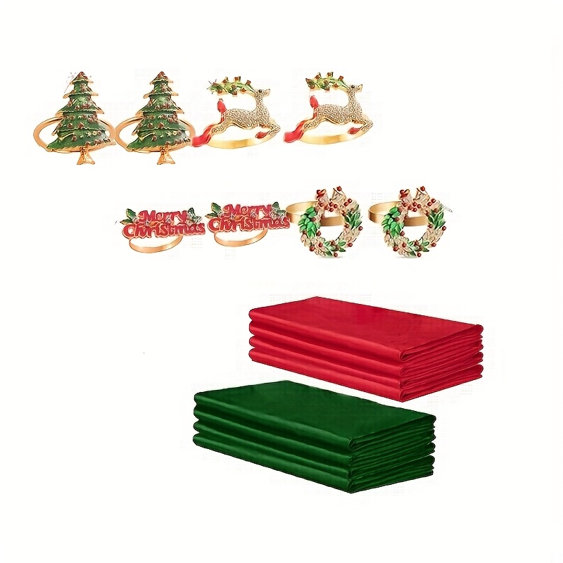 Image of 8 Red And Green Cloth Napkins And 8 Christmas Napkin Rings, 16pcs Set - Festive Table Decorations In Fabric And Metal, Suitable For Winter, Christmas, Parties, And Dinner Occasions.