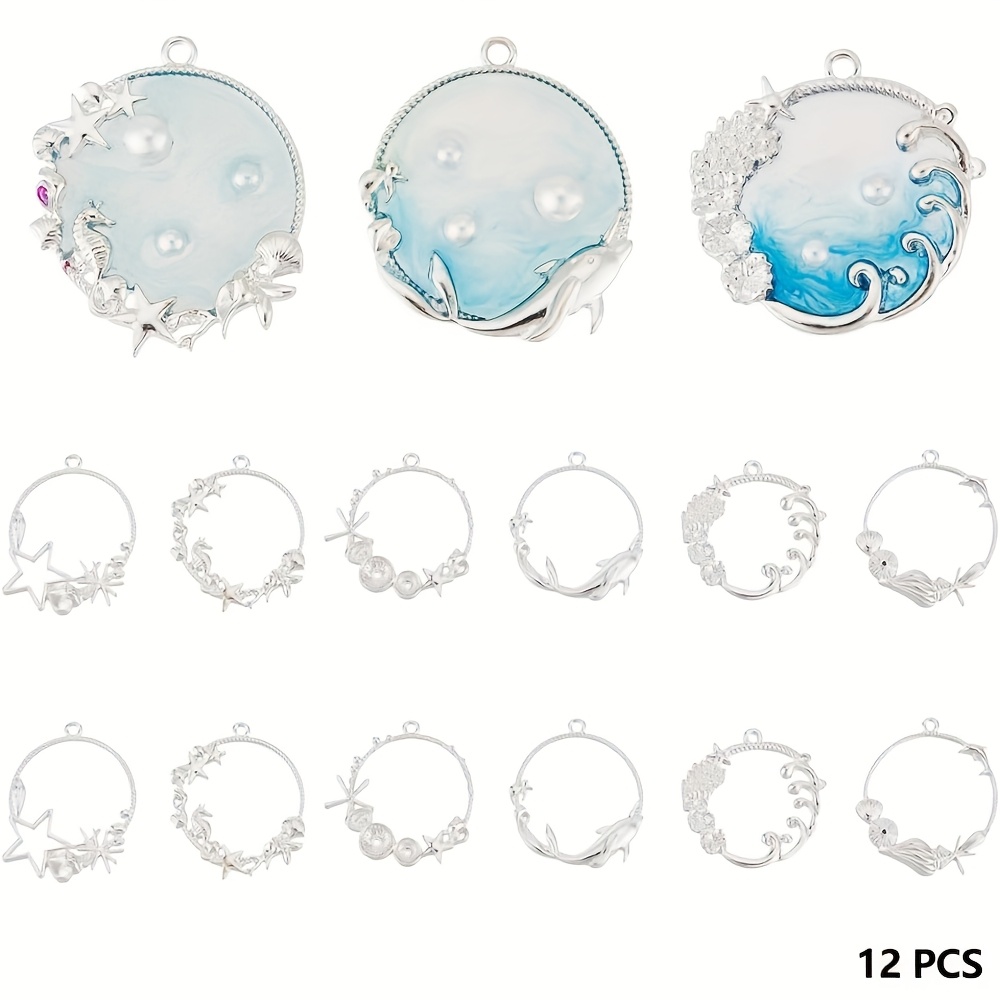 E-shop 12 Stück Meer Offene Bezel Anhänger 6 Stile Ozean Offener Rahmen Anhänger Harz Bezel Anhänger Legierung Hohle Harz Rahmen mit Schlaufe für